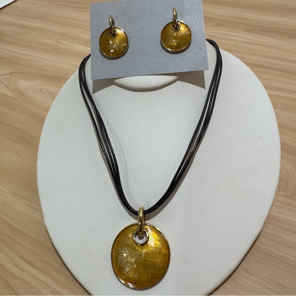 Lia Sophia Yellow Mother of Pearl Inlay Necklace Triple Brown Cord & Earrings